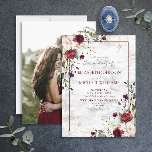 Invitation Rustique Bourgogne Blush rose Floral Mariage photo