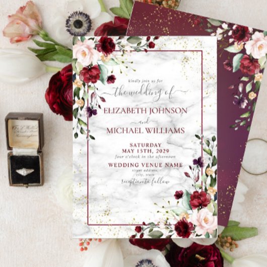 Invitation Rustique Bourgogne Blush rose or Mariage Floral
