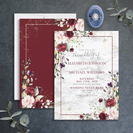 Invitation Rustique Bourgogne Blush rose or Mariage Floral