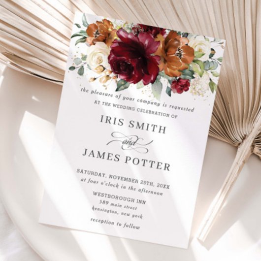 Invitation Rustique Bourgogne brûlé Orange Mariage floral ivo