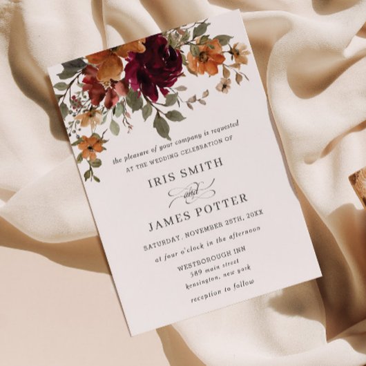 Invitation Rustique Bourgogne brûlé Orange rouille Mariage fl