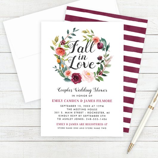 Invitation Rustique Bourgogne Chute en Amour Floral Couples D