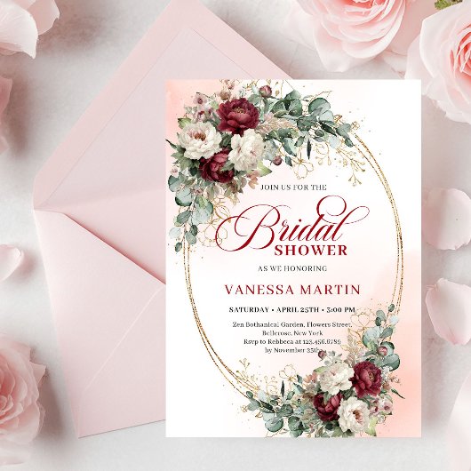 Invitation Rustique bourgogne et fleurs blanches dorées pour 