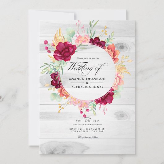 Invitation Rustique Bourgogne et flush Floral QR Code Mariage (Devant)