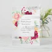 Invitation Rustique Bourgogne et flush Floral QR Code Mariage (Debout devant)