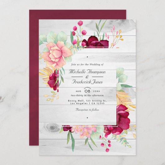 Invitation Rustique Bourgogne et flush Floral QR Code Mariage (Devant / Derrière)