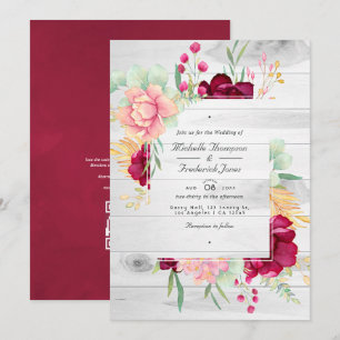 Invitation Rustique Bourgogne et flush Floral QR Code Mariage