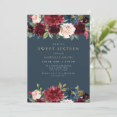 Invitation Rustique Bourgogne et marine Floral Sweet 16 (Debout devant)
