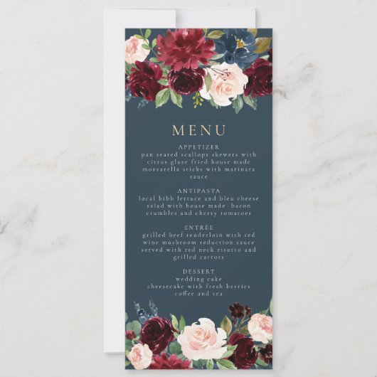 Invitation Rustique Bourgogne et Navy Floral Dinner Menu (Devant)