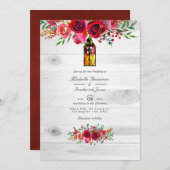 Invitation Rustique Bourgogne et rose Floral QR Code Mariage (Devant / Derrière)