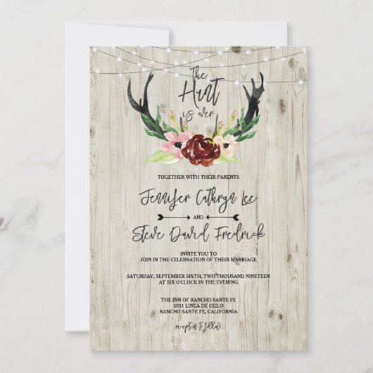 Invitation Rustique Bourgogne Floral Antler Hunt est au-dessu (Devant)