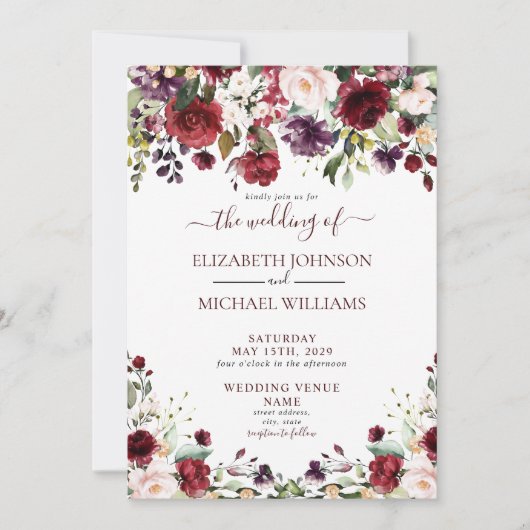 Invitation Rustique Bourgogne Floral Aquarelle Mariage Script (Devant)
