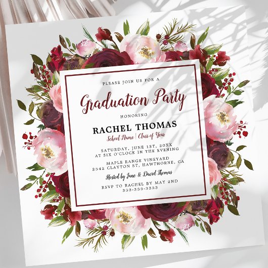 Invitation Rustique Bourgogne Floral Graduation Party