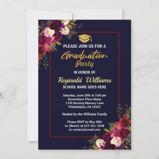 Invitation Rustique Bourgogne Floral Graduation Party (Devant)