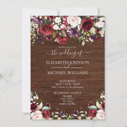 Invitation Rustique Bourgogne Floral Mariage Script (Devant)