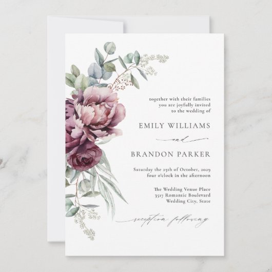 Invitation Rustique Bourgogne Floral QR Code Mariage de autom (Devant)