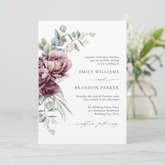 Invitation Rustique Bourgogne Floral QR Code Mariage de autom (Debout devant)