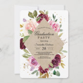 Invitation Rustique Bourgogne Kraft Floral Graduation Party (Devant)