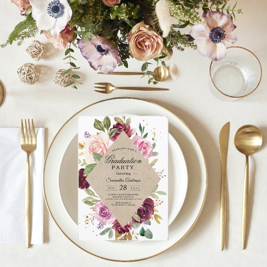 Invitation Rustique Bourgogne Kraft Floral Graduation Party