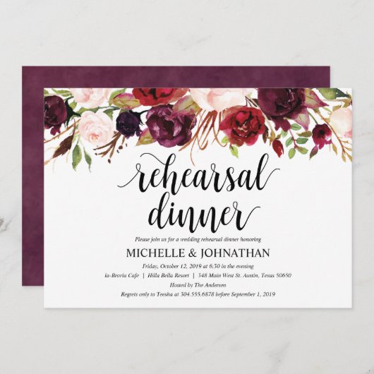 Invitation Rustique Bourgogne Mariage Dîner de répétition Inv (Devant / Derrière)