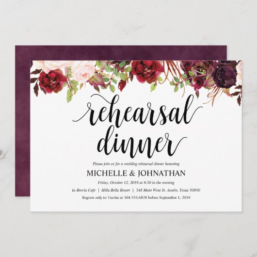 Invitation Rustique Bourgogne Mariage Dîner de répétition Inv (Devant / Derrière)