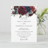 Invitation Rustique Bourgogne Marine Bleu Floral Mariage (Debout devant)