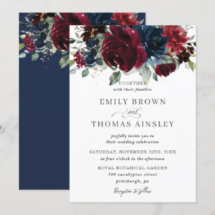 Invitation Rustique Bourgogne Marine Bleu Floral Mariage