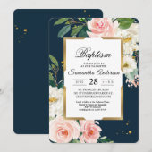 Invitation Rustique Bourgogne Marine Bleu & Pink Floral Gold  (Devant / Derrière)