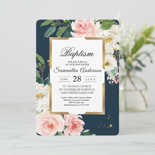 Invitation Rustique Bourgogne Marine Bleu & Pink Floral Gold  (Debout devant)