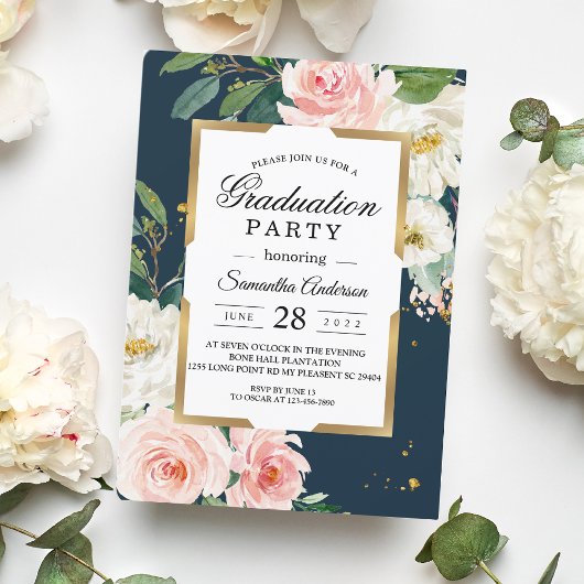 Invitation Rustique Bourgogne Marine Bleu & Pink Floral Gold