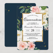Invitation Rustique Bourgogne Marine Bleu & Pink Floral Gold  (Devant / Derrière)