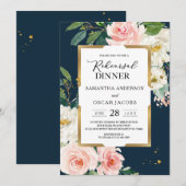 Invitation Rustique Bourgogne Marine Bleu & Pink Floral Gold  (Devant / Derrière)