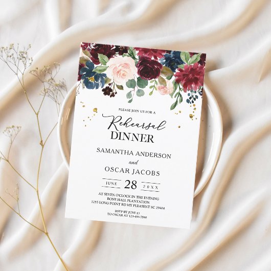 Invitation Rustique Bourgogne Marine Bleu & Rouge Beauté Fleu