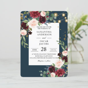 Invitation Rustique Bourgogne Marine Bleu & Rouge Fleurs & Lu