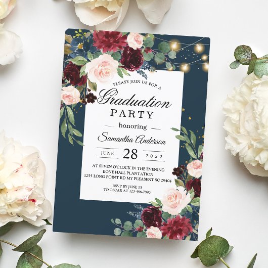 Invitation Rustique Bourgogne Marine Bleu & Rouge Fleurs & Lu