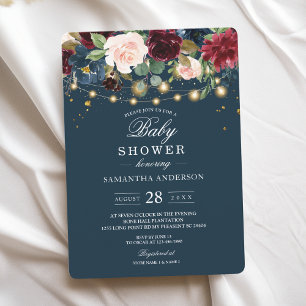 Invitation Rustique Bourgogne Marine Bleu & Rouge Fleurs & Lu