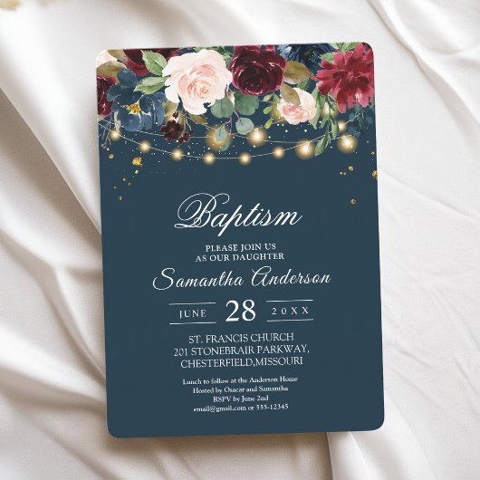 Invitation Rustique Bourgogne Marine Bleu & Rouge Fleurs & Lu
