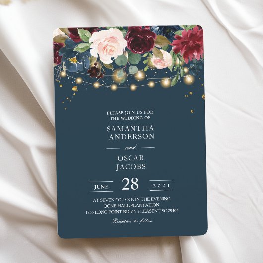 Invitation Rustique Bourgogne Marine Bleu & Rouge Fleurs & Lu