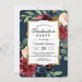 Invitation Rustique Bourgogne Marine Bleu & Rouge Floral Gold (Devant)