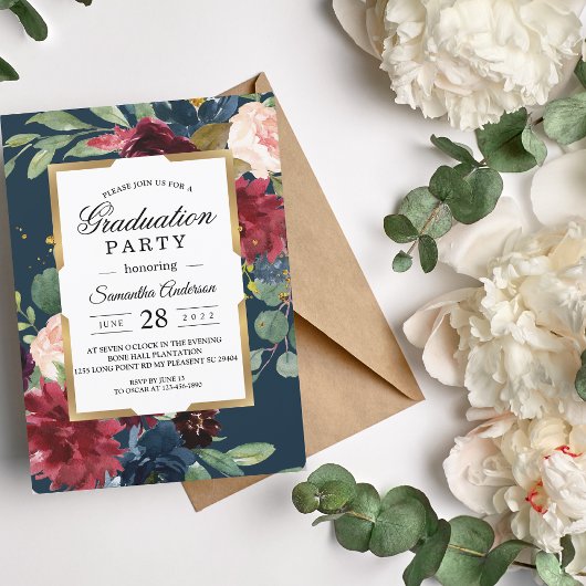 Invitation Rustique Bourgogne Marine Bleu & Rouge Floral Gold
