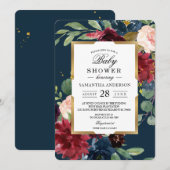 Invitation Rustique Bourgogne Marine Bleu & Rouge Floral Gold (Devant / Derrière)
