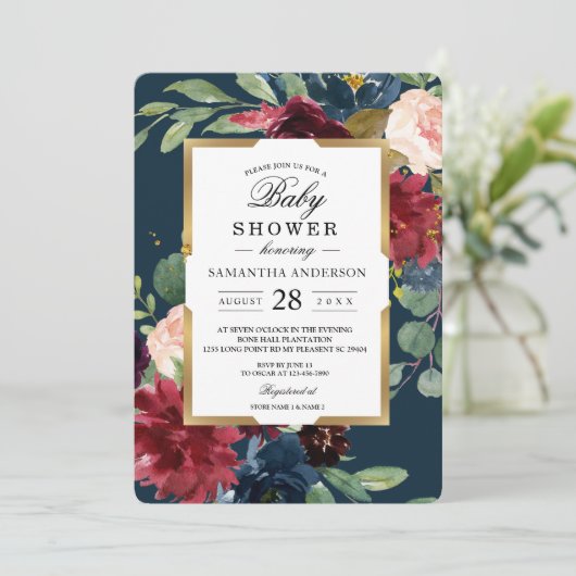 Invitation Rustique Bourgogne Marine Bleu & Rouge Floral Gold (Debout devant)