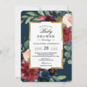 Invitation Rustique Bourgogne Marine Bleu & Rouge Floral Gold (Devant)
