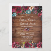 Invitation Rustique Bourgogne Marine Floral Mariage de bois (Devant)
