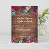 Invitation Rustique Bourgogne Marine Floral Mariage de bois (Debout devant)