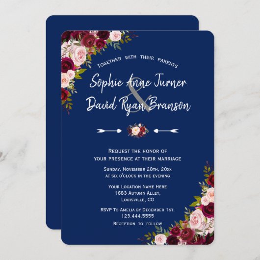 Invitation Rustique Bourgogne Marsala Floral Mariage écriture (Devant / Derrière)