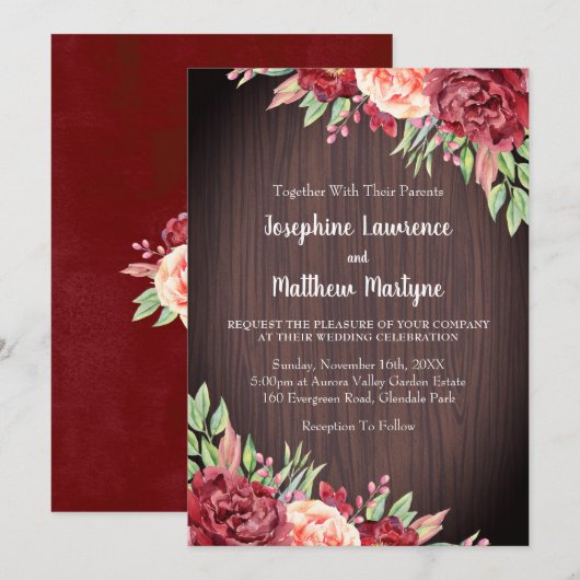 Invitation Rustique Bourgogne Rose aquarelle Mariage floral (Devant / Derrière)