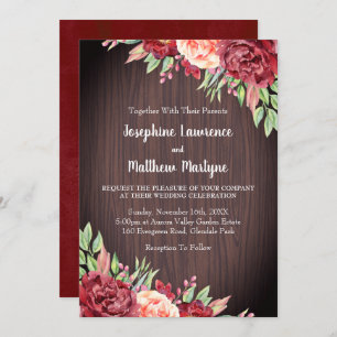 Invitation Rustique Bourgogne Rose aquarelle Mariage floral