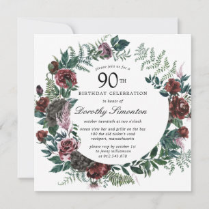 Invitation Rustique Bourgogne Rose Floral 90e anniversaire
