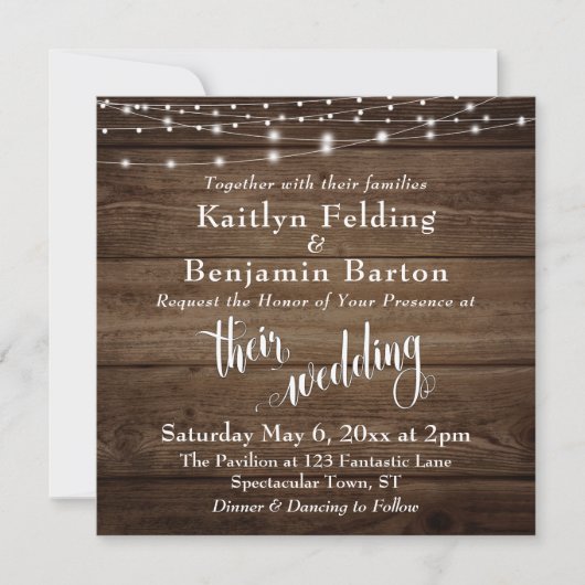 Invitation Rustique Brown Bois Lumières & Script, Mariage (Devant)